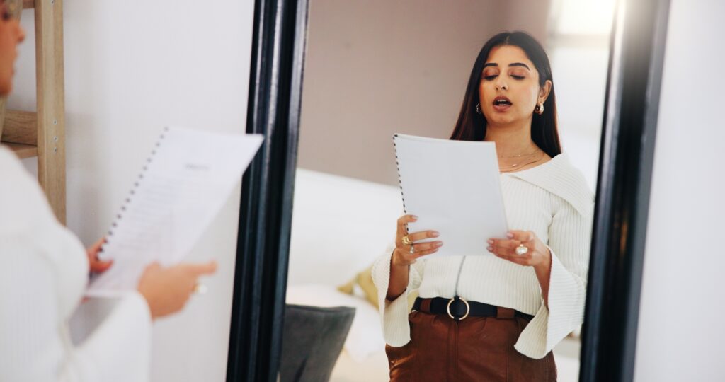 Sales rep practicing pitch