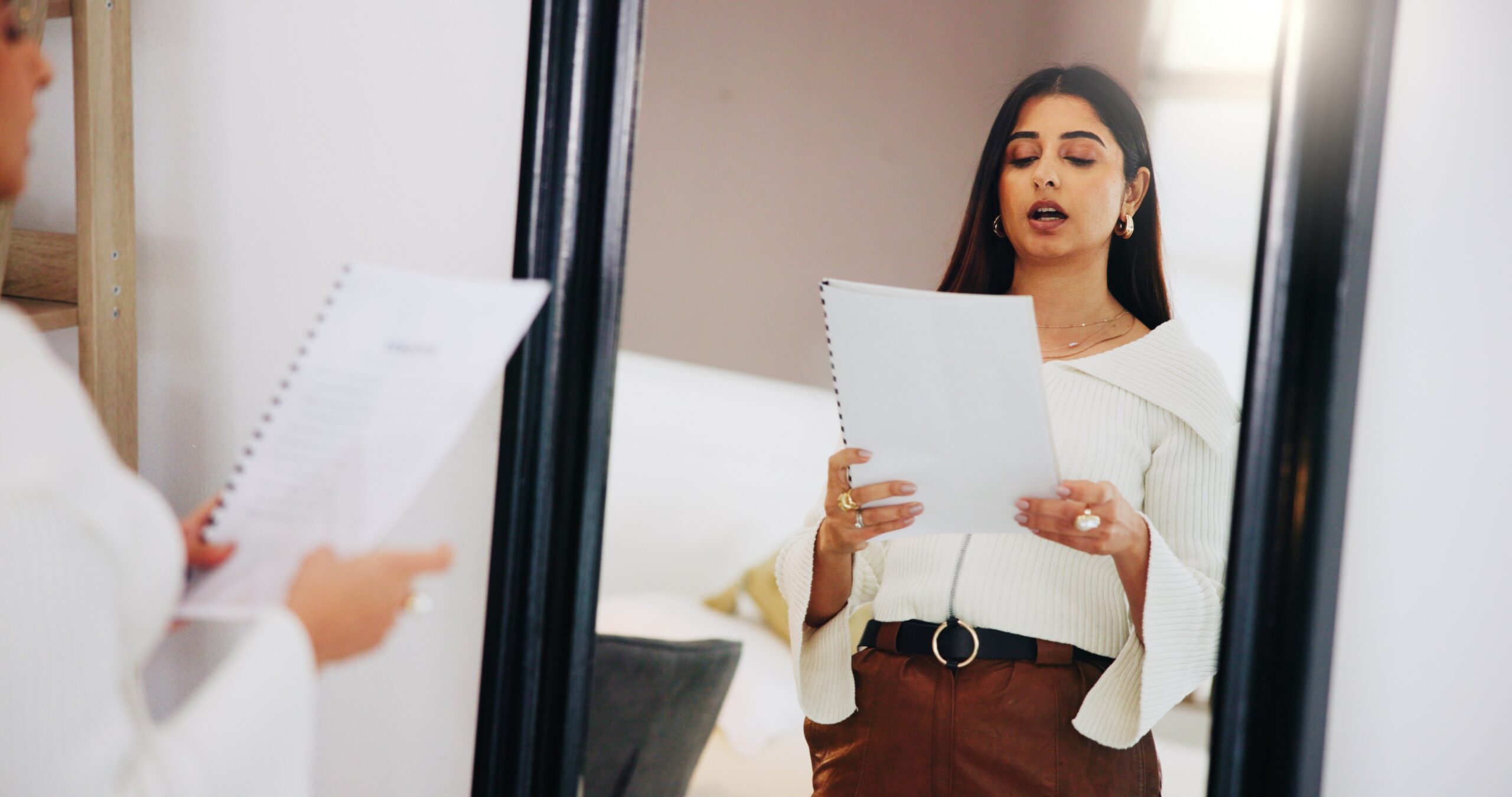 Sales rep practicing pitch