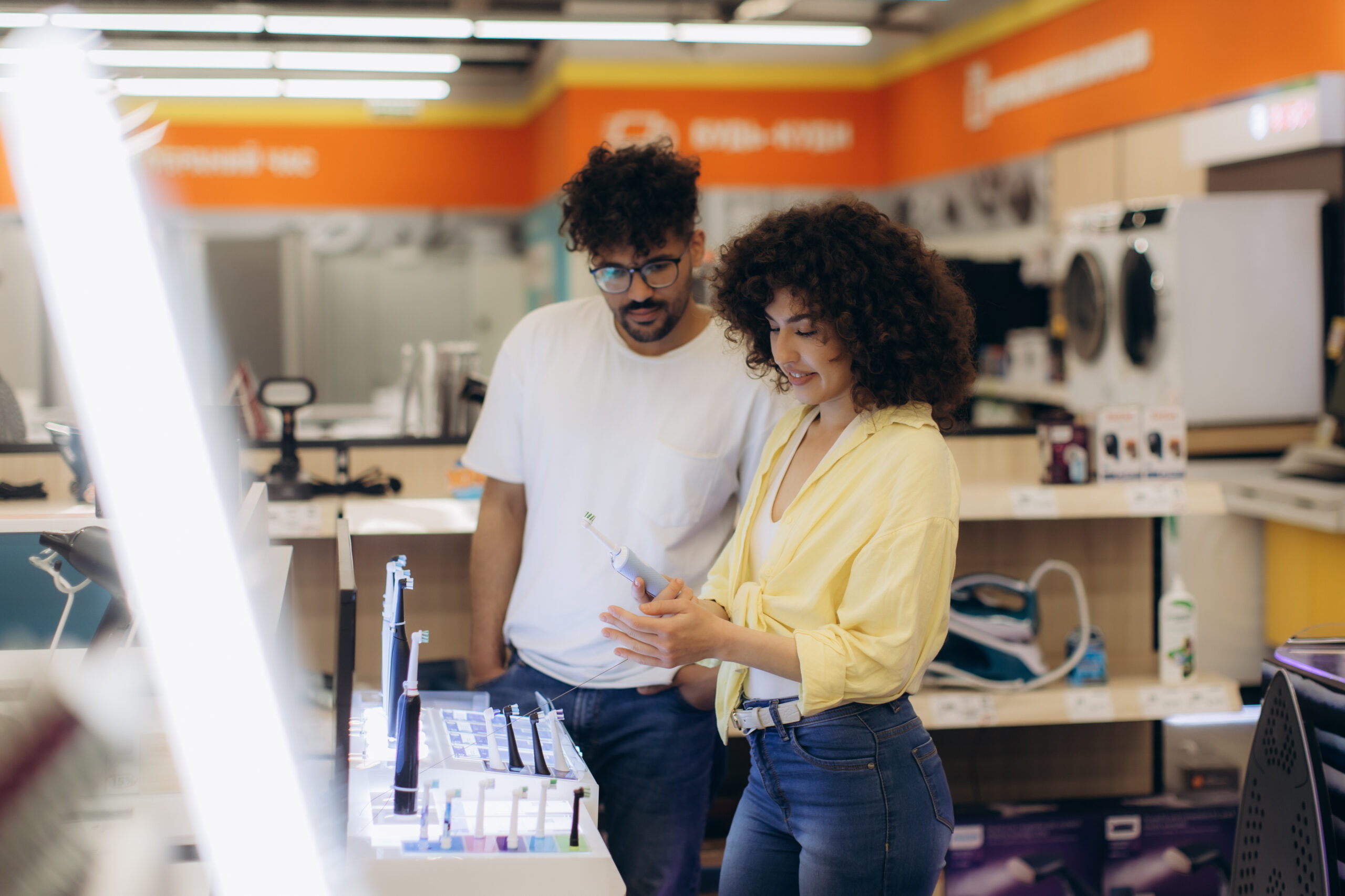 Customers evaluating brand items